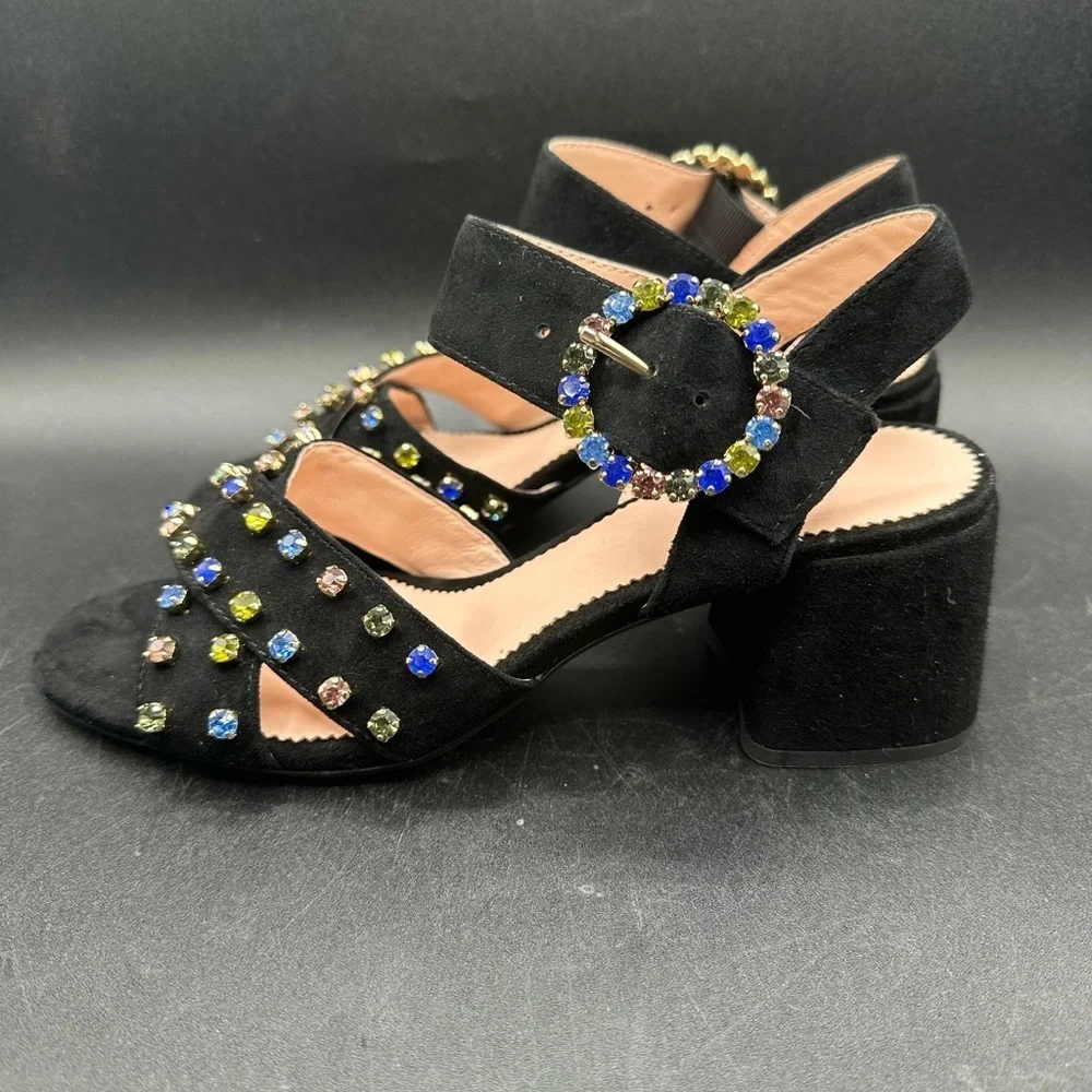 J.CREW Suede Penny Block Heel Sandals Jeweled Embellished SZ 6 Black $168